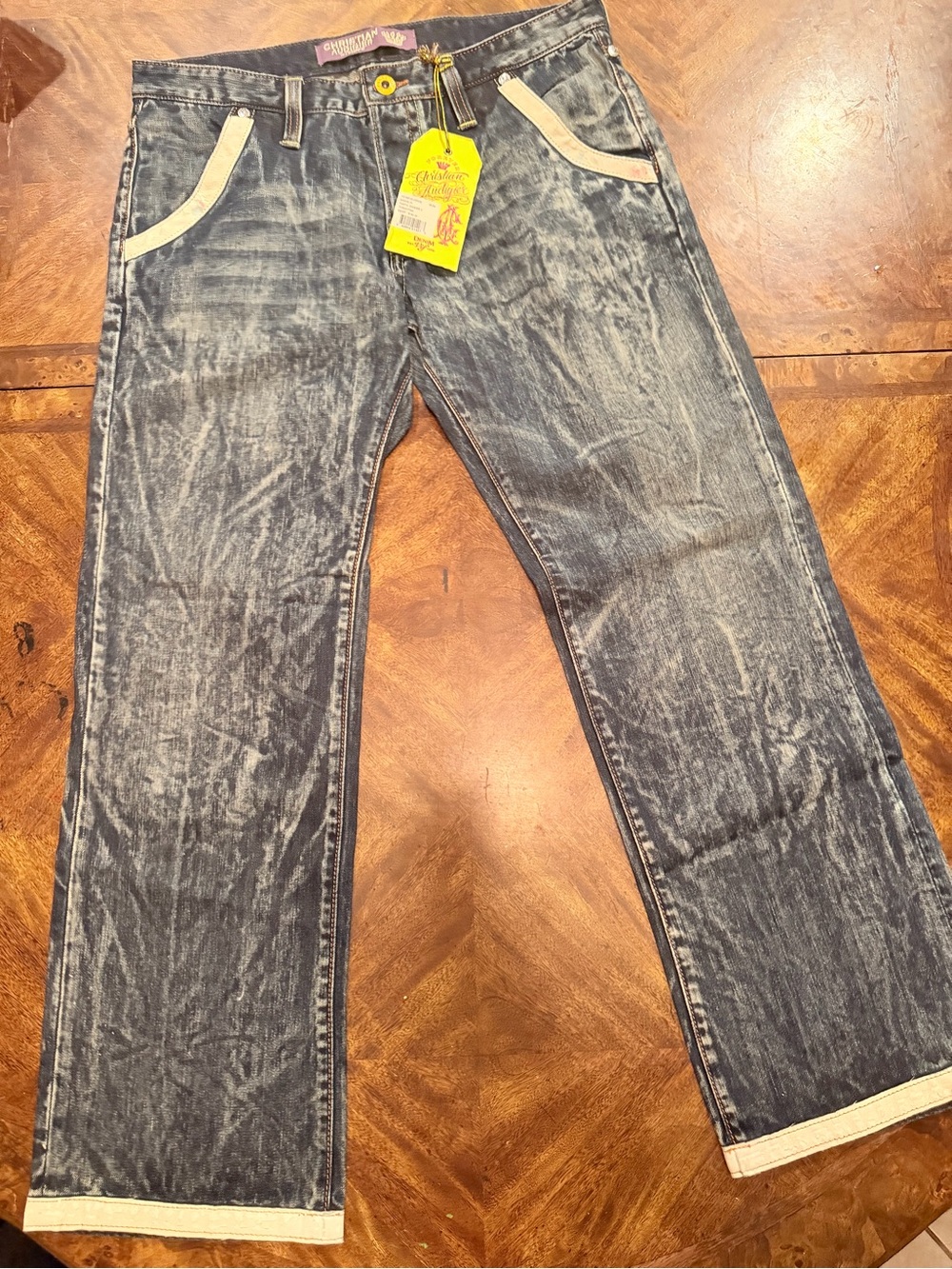 Vintage Y2K Christian Audigier Men's Washed Black Denim Jeans with Cream Trim